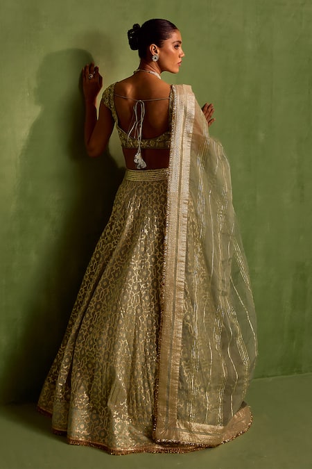 Neha Khullar Green Chanderi Silk, Organza Embroidery Woven Geometric Jaal Lehenga Set Online at Aza Fashions Neha Khullar_Green Chanderi Silk, Organza Embroidery Woven Geometric Jaal Lehenga Set _Online_at_Aza_Fashions