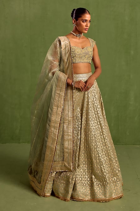 Buy Neha Khullar Green Chanderi Silk, Organza Embroidery Woven Geometric Jaal Lehenga Set Online at Aza Fashions Buy_Neha Khullar_Green Chanderi Silk, Organza Embroidery Woven Geometric Jaal Lehenga Set _Online_at_Aza_Fashions