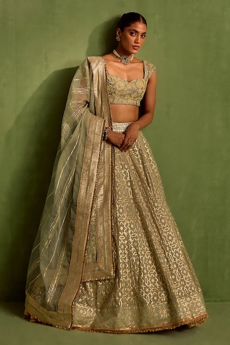 Buy Neha Khullar Green Chanderi Silk, Organza Embroidery Woven Geometric Jaal Lehenga Set Buy_Neha Khullar_Green Chanderi Silk, Organza Embroidery Woven Geometric Jaal Lehenga Set