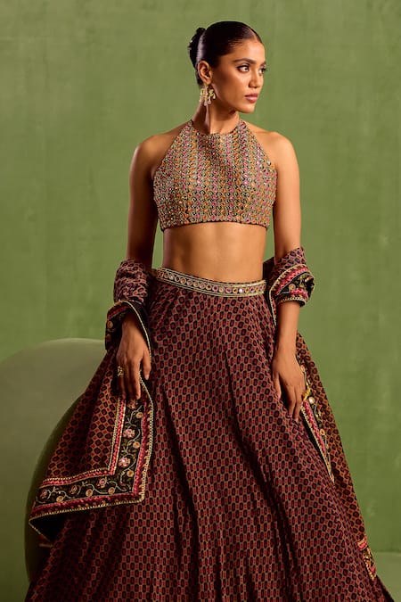 Buy_Neha Khullar_Black Organza, Viscose, Crepe Sequins, Floral Geometric Printed Lehenga Set _Online_at_Aza_Fashions