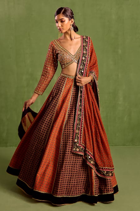 Neha Khullar Orange Viscose Raw Silk Floral Geometric Printed Panelled Lehenga Set