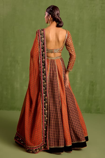 Shop Neha Khullar Orange Organza, Crepe, Viscose Floral Geometric Printed Panelled Lehenga Set at Aza Fashions Shop_Neha Khullar_Orange Organza, Crepe, Viscose Floral Geometric Printed Panelled Lehenga Set _at_Aza_Fashions