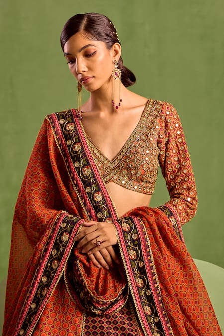 Neha Khullar Orange Organza, Crepe, Viscose Floral Geometric Printed Panelled Lehenga Set Online at Aza Fashions Neha Khullar_Orange Organza, Crepe, Viscose Floral Geometric Printed Panelled Lehenga Set _Online_at_Aza_Fashions