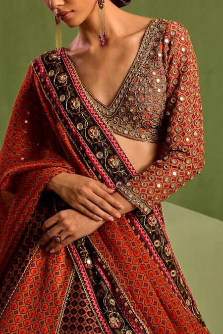 Buy Neha Khullar Orange Organza, Crepe, Viscose Floral Geometric Printed Panelled Lehenga Set Online at Aza Fashions Buy_Neha Khullar_Orange Organza, Crepe, Viscose Floral Geometric Printed Panelled Lehenga Set _Online_at_Aza_Fashions