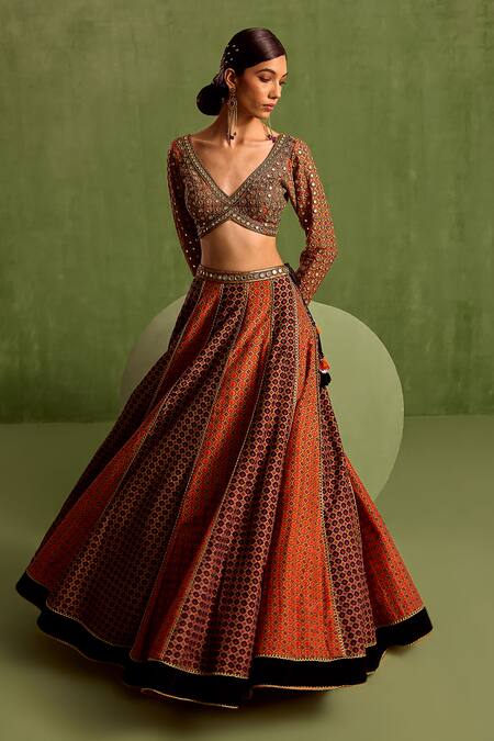 Shop Neha Khullar Orange Organza, Crepe, Viscose Floral Geometric Printed Panelled Lehenga Set Online at Aza Fashions Shop_Neha Khullar_Orange Organza, Crepe, Viscose Floral Geometric Printed Panelled Lehenga Set _Online_at_Aza_Fashions