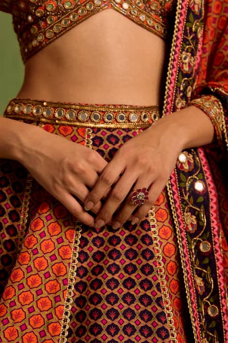 Neha Khullar Orange Organza, Crepe, Viscose Floral Geometric Printed Panelled Lehenga Set at Aza Fashions Neha Khullar_Orange Organza, Crepe, Viscose Floral Geometric Printed Panelled Lehenga Set _at_Aza_Fashions