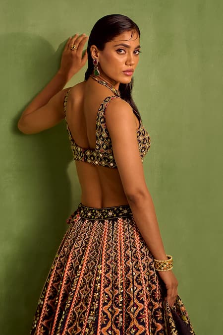 Shop Neha Khullar Black Organza, Viscose, Crepe Sequins, Geometric Printed Embellished Lehenga Set at Aza Fashions Shop_Neha Khullar_Black Organza, Viscose, Crepe Sequins, Geometric Printed Embellished Lehenga Set _at_Aza_Fashions
