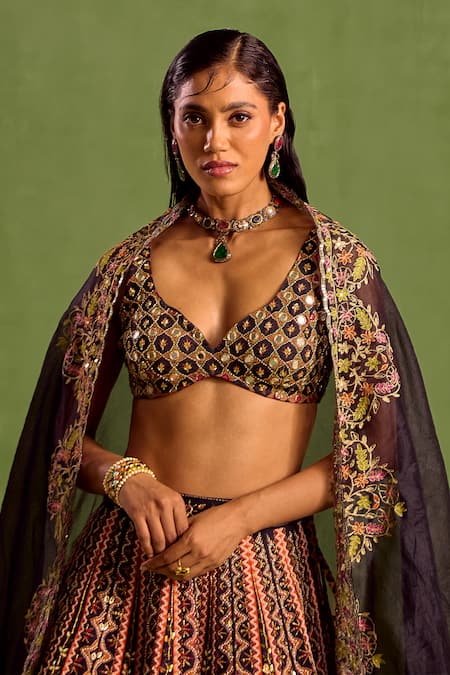 Neha Khullar Black Organza, Viscose, Crepe Sequins, Geometric Printed Embellished Lehenga Set Online at Aza Fashions Neha Khullar_Black Organza, Viscose, Crepe Sequins, Geometric Printed Embellished Lehenga Set _Online_at_Aza_Fashions