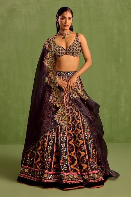 Shop Neha Khullar Black Organza, Viscose, Crepe Sequins, Geometric Printed Embellished Lehenga Set Online at Aza Fashions Shop_Neha Khullar_Black Organza, Viscose, Crepe Sequins, Geometric Printed Embellished Lehenga Set _Online_at_Aza_Fashions