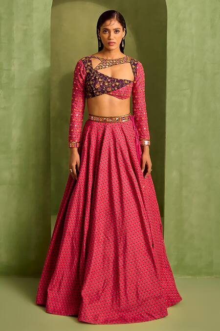 Neha Khullar_Pink Organza, Crepe, Viscose Beads, Zari, Motif Print Lehenga And Blouse Set _Online_at_Aza_Fashions