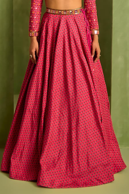 Buy_Neha Khullar_Pink Organza, Crepe, Viscose Beads, Zari, Motif Print Lehenga And Blouse Set _Online_at_Aza_Fashions