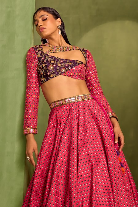 Shop_Neha Khullar_Pink Organza, Crepe, Viscose Beads, Zari, Motif Print Lehenga And Blouse Set _Online_at_Aza_Fashions
