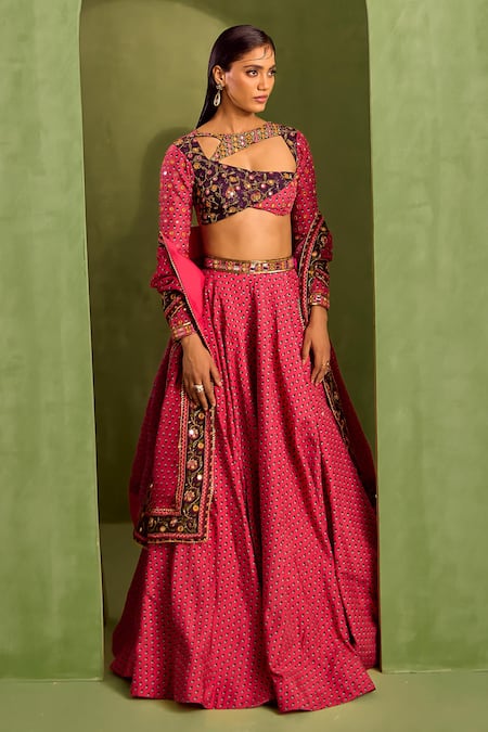 Buy_Neha Khullar_Pink Organza, Crepe, Viscose Beads, Zari, Motif Print Lehenga And Blouse Set 