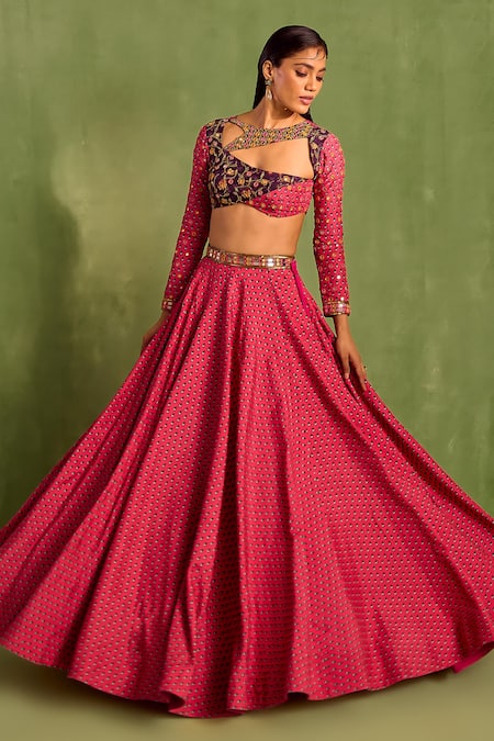 Shop_Neha Khullar_Pink Organza, Crepe, Viscose Beads, Zari, Motif Print Lehenga And Blouse Set 