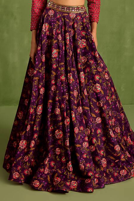 Neha Khullar_Purple Organza, Crepe, Viscose Cut Work, Floral Bloom Print Lehenga Set _Online_at_Aza_Fashions