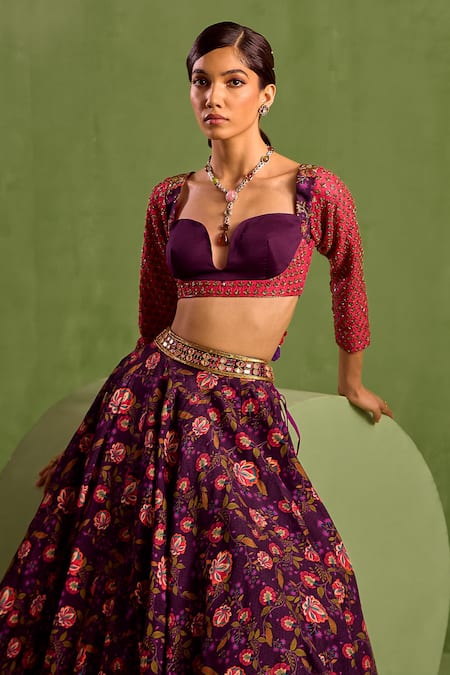 Buy_Neha Khullar_Purple Organza, Crepe, Viscose Cut Work, Floral Bloom Print Lehenga Set _Online_at_Aza_Fashions