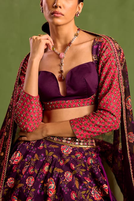 Shop_Neha Khullar_Purple Organza, Crepe, Viscose Cut Work, Floral Bloom Print Lehenga Set _Online_at_Aza_Fashions