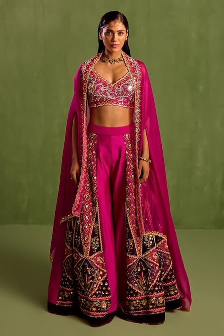 Buy_Neha Khullar_Purple Viscose, Crepe, Organza, Silk Cut Hand Embroidered Blouse Sharara Set _Online_at_Aza_Fashions