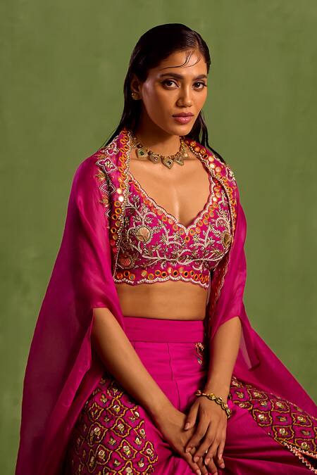 Neha Khullar_Purple Viscose, Crepe, Organza, Silk Cut Hand Embroidered Blouse Sharara Set _at_Aza_Fashions