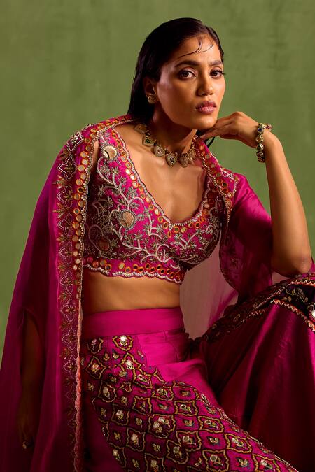 Buy_Neha Khullar_Purple Viscose, Crepe, Organza, Silk Cut Hand Embroidered Blouse Sharara Set 