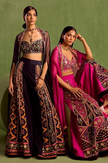 Shop_Neha Khullar_Purple Viscose, Crepe, Organza, Silk Cut Hand Embroidered Blouse Sharara Set 