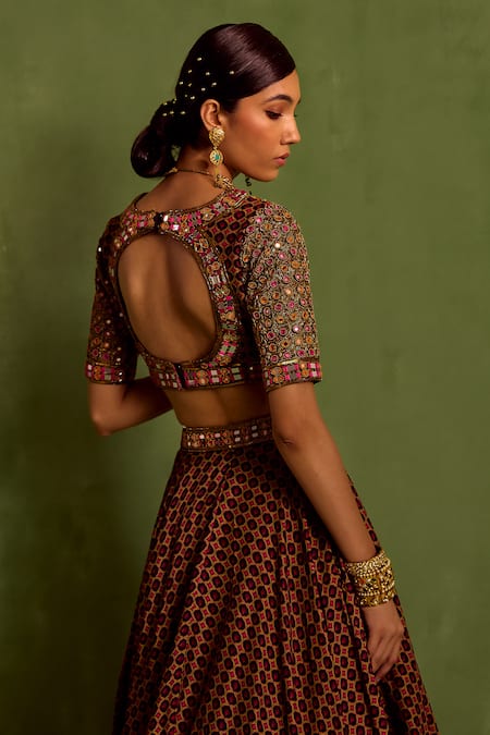 Shop_Neha Khullar_Black Organza, Crepe Beads, Mirrors, Cut Work Miniature Butti Print Lehenga Set _at_Aza_Fashions