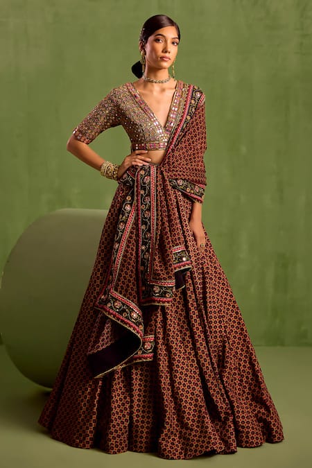 Neha Khullar_Black Organza, Crepe Beads, Mirrors, Cut Work Miniature Butti Print Lehenga Set _Online_at_Aza_Fashions