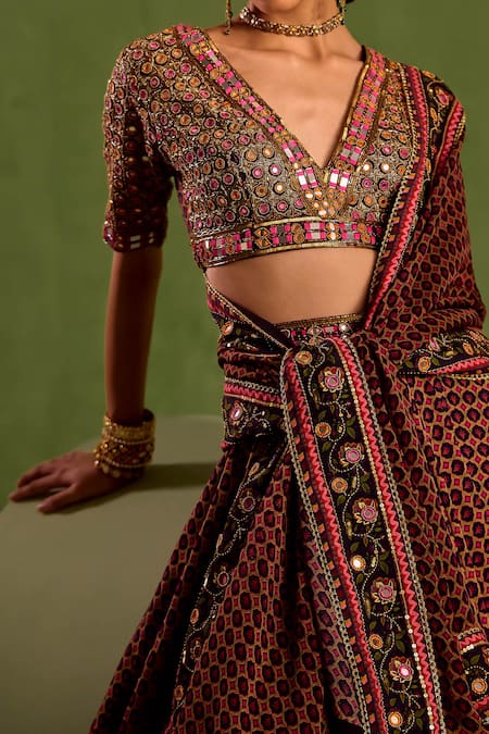 Shop_Neha Khullar_Black Organza, Crepe Beads, Mirrors, Cut Work Miniature Butti Print Lehenga Set _Online_at_Aza_Fashions