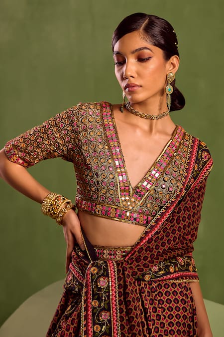 Neha Khullar_Black Organza, Crepe Beads, Mirrors, Cut Work Miniature Butti Print Lehenga Set _at_Aza_Fashions