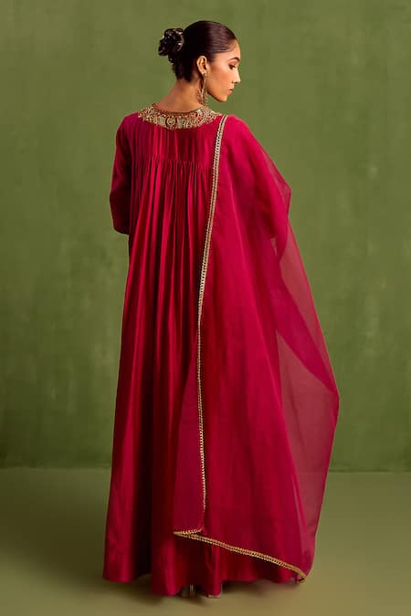 Shop_Neha Khullar_Pink Organza, Chanderi Silk Embroidery, Beads Hand Yoke Anarkali With Dupatta _at_Aza_Fashions