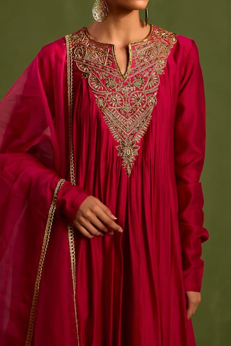 Neha Khullar_Pink Organza, Chanderi Silk Embroidery, Beads Hand Yoke Anarkali With Dupatta _Online_at_Aza_Fashions