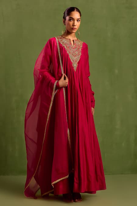 Buy_Neha Khullar_Pink Organza, Chanderi Silk Embroidery, Beads Hand Yoke Anarkali With Dupatta _Online_at_Aza_Fashions