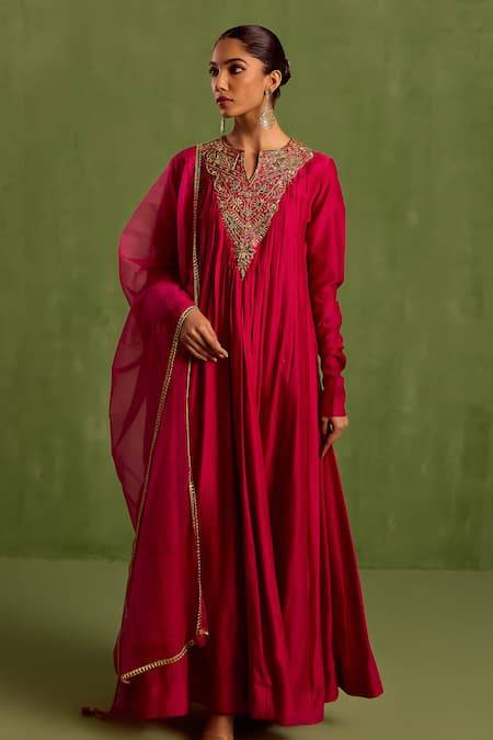 Shop_Neha Khullar_Pink Organza, Chanderi Silk Embroidery, Beads Hand Yoke Anarkali With Dupatta _Online_at_Aza_Fashions