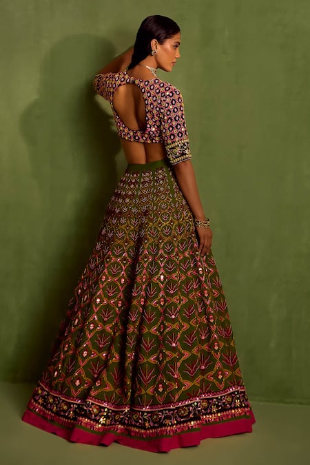 Neha Khullar Green Organza, Crepe, Viscose Cut Work, Beads, Quatrefoil Hand Lehenga Set Online at Aza Fashions Neha Khullar_Green Organza, Crepe, Viscose Cut Work, Beads, Quatrefoil Hand Lehenga Set _Online_at_Aza_Fashions