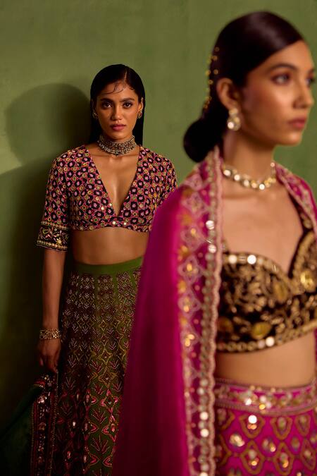 Shop Neha Khullar Green Organza, Crepe, Viscose Cut Work, Beads, Quatrefoil Hand Lehenga Set Online at Aza Fashions Shop_Neha Khullar_Green Organza, Crepe, Viscose Cut Work, Beads, Quatrefoil Hand Lehenga Set _Online_at_Aza_Fashions