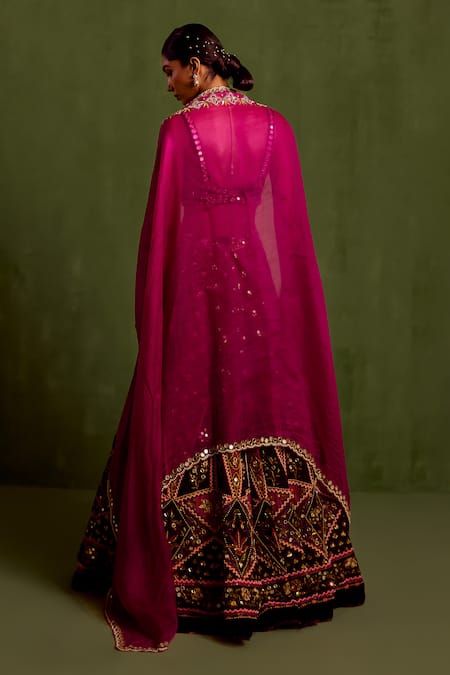 Shop Neha Khullar Magenta Organza, Crepe, Viscose Beads, Cut Quatrefoil Print Lehenga And Blouse Set at Aza Fashions Shop_Neha Khullar_Magenta Organza, Crepe, Viscose Beads, Cut Quatrefoil Print Lehenga And Blouse Set _at_Aza_Fashions
