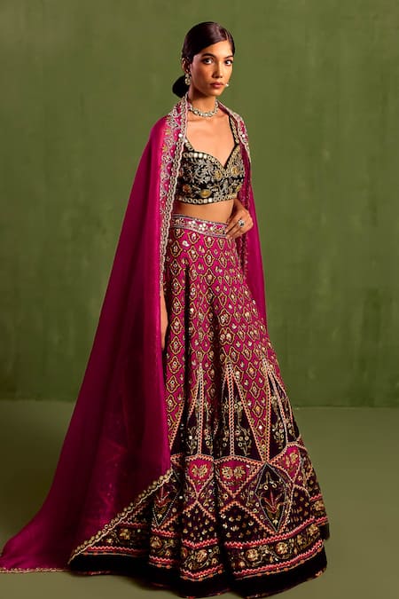 Buy Neha Khullar Magenta Organza, Crepe, Viscose Beads, Cut Quatrefoil Print Lehenga And Blouse Set Online at Aza Fashions Buy_Neha Khullar_Magenta Organza, Crepe, Viscose Beads, Cut Quatrefoil Print Lehenga And Blouse Set _Online_at_Aza_Fashions