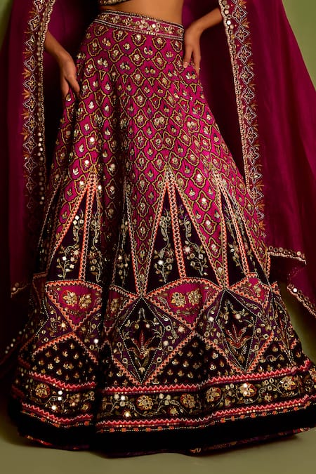 Shop Neha Khullar Magenta Organza, Crepe, Viscose Beads, Cut Quatrefoil Print Lehenga And Blouse Set Online at Aza Fashions Shop_Neha Khullar_Magenta Organza, Crepe, Viscose Beads, Cut Quatrefoil Print Lehenga And Blouse Set _Online_at_Aza_Fashions