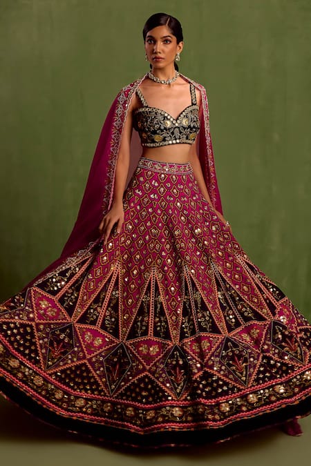 Neha Khullar Magenta Organza, Crepe, Viscose Beads, Cut Quatrefoil Print Lehenga And Blouse Set at Aza Fashions Neha Khullar_Magenta Organza, Crepe, Viscose Beads, Cut Quatrefoil Print Lehenga And Blouse Set _at_Aza_Fashions