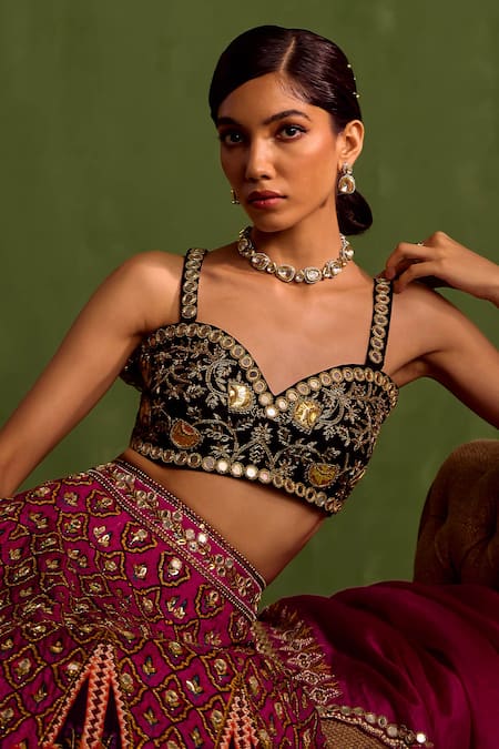 Buy Neha Khullar Magenta Organza, Crepe, Viscose Beads, Cut Quatrefoil Print Lehenga And Blouse Set Buy_Neha Khullar_Magenta Organza, Crepe, Viscose Beads, Cut Quatrefoil Print Lehenga And Blouse Set