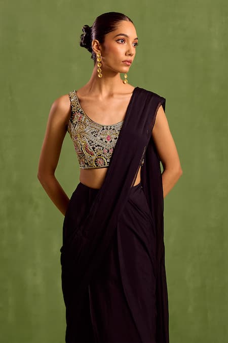 Neha Khullar_Black Viscose, Crepe Embroidery, Sequins, Pre-draped Saree With Hand Blouse _Online_at_Aza_Fashions