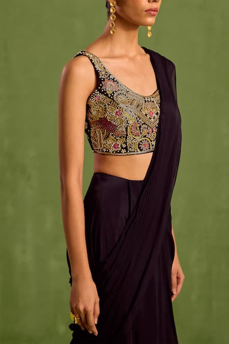 Buy_Neha Khullar_Black Viscose, Crepe Embroidery, Sequins, Pre-draped Saree With Hand Blouse _Online_at_Aza_Fashions