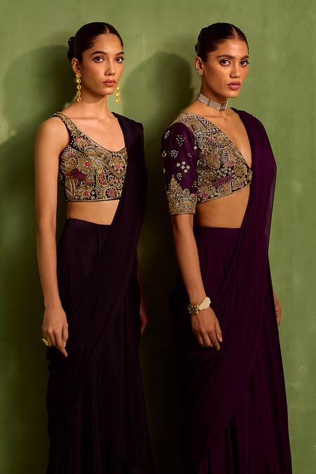 Shop_Neha Khullar_Black Viscose, Crepe Embroidery, Sequins, Pre-draped Saree With Hand Blouse _Online_at_Aza_Fashions