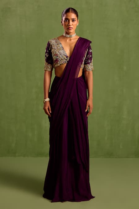 Neha Khullar Purple Viscose Chinon Embroidered Blouse Pre-draped Saree With Abstract Hand