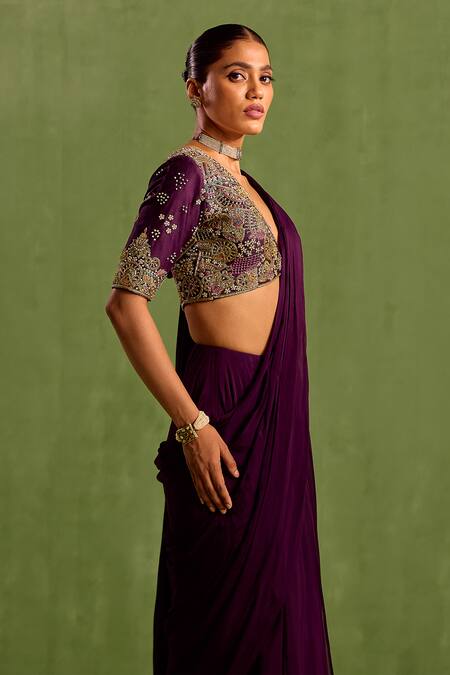 Buy_Neha Khullar_Purple Viscose, Crepe Embroidery, Pre-draped Saree With Abstract Hand Blouse _Online_at_Aza_Fashions