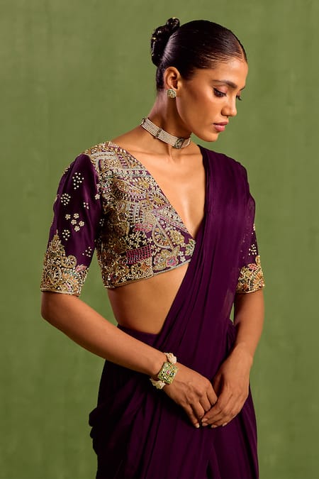Shop_Neha Khullar_Purple Viscose, Crepe Embroidery, Pre-draped Saree With Abstract Hand Blouse _Online_at_Aza_Fashions