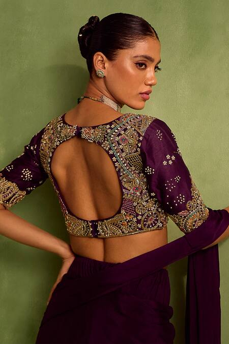 Neha Khullar_Purple Viscose, Crepe Embroidery, Pre-draped Saree With Abstract Hand Blouse _at_Aza_Fashions