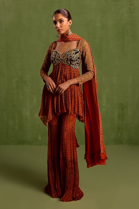 Neha Khullar Orange Viscose Chinon Print Hand Embroidered Yoke Asymmetric Kurta Gharara Set 