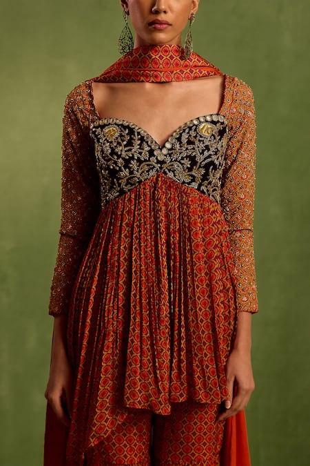 Neha Khullar_Orange Viscose, Crepe Embroidery Hand Yoke Asymmetric Kurta Gharara Set _Online_at_Aza_Fashions