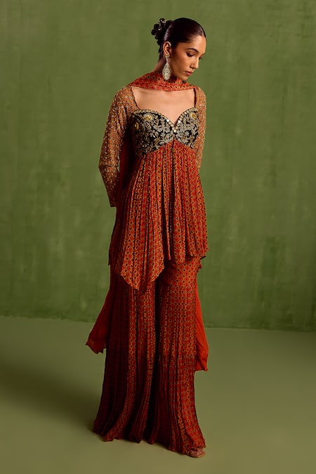 Buy_Neha Khullar_Orange Viscose, Crepe Embroidery Hand Yoke Asymmetric Kurta Gharara Set _Online_at_Aza_Fashions